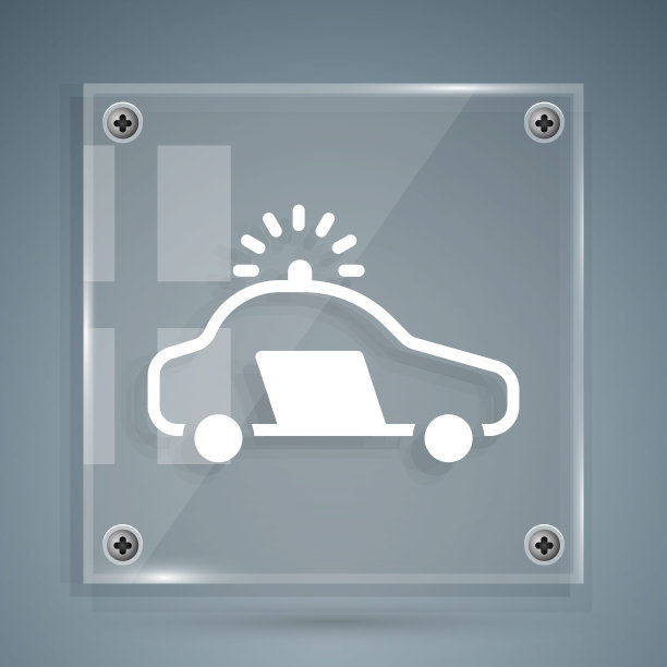 白色警车和警察闪光图标孤立在灰色背景上。紧急闪光警报。方形玻璃面板。向量图片下载