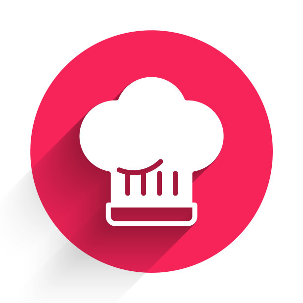 白色厨师帽图标孤立与长阴影背景。烹饪的象征。厨师的帽子。红色圆圈按钮。向量图片下载