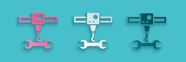 剪纸3D打印机扳手扳手图标孤立在蓝色背景。3 d打印技术。纸艺术风格。向量图片下载