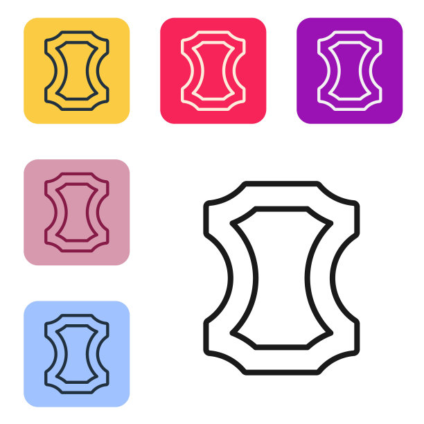 黑色线皮革图标孤立在白色背景。设置彩色方块按钮图标。向量图片下载