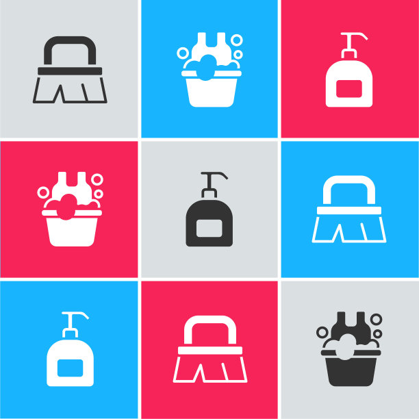 设置刷清洗，盆与肥皂泡沫和瓶的液体图标。向量图片下载