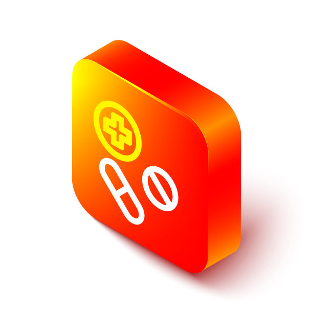 等距线药丸或药片图标孤立在白色背景上。胶囊药丸和药物标志。药店的设计。橙色平方按钮。向量图片下载