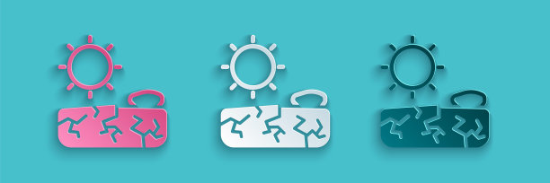 剪纸旱灾图标孤立在蓝色背景上。纸艺术风格。向量图片下载