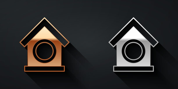 金和银狗屋图标孤立在黑色背景上。狗窝。长长的阴影风格。向量图片下载