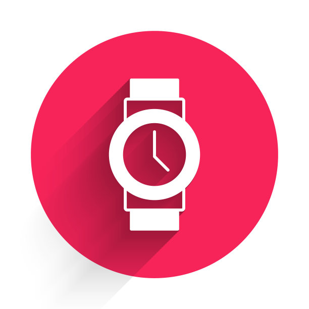 白色腕表图标孤立与长阴影背景。手表图标。红色圆圈按钮。向量图片下载