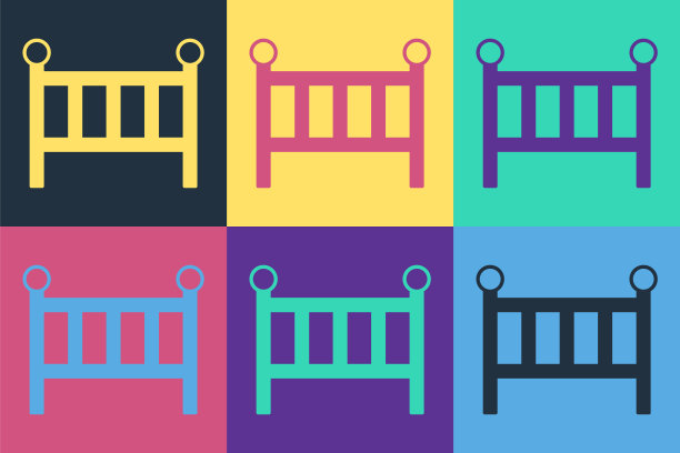 波普艺术婴儿床摇篮床图标孤立的颜色背景。向量图片下载