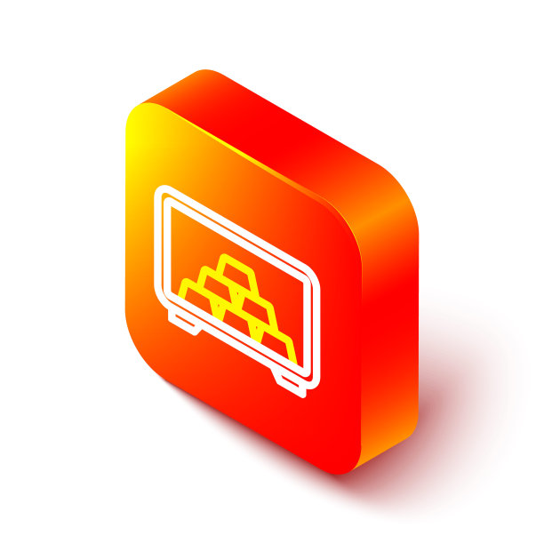 等距线安全与金条图标孤立在白色背景。贵重金属在银行的存款。金属财政部。可靠的数据保护。橙色平方按钮。向量图片下载