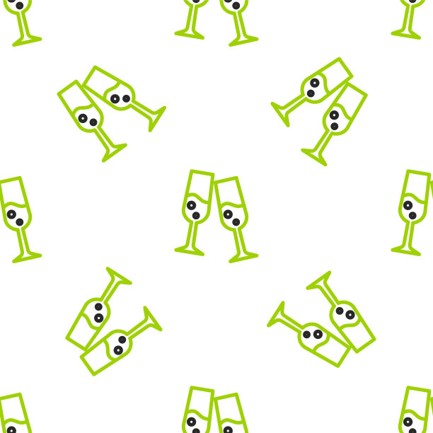 线条玻璃的香槟图标孤立无缝图案在白色背景。圣诞快乐，恭贺新禧。向量图片下载