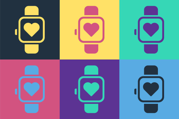 波普艺术智能手表显示心率图标孤立的颜色背景。健身应用程序的概念。向量图片下载
