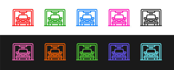 设置行洗车图标孤立在黑白背景上。洗车服务和水云图标。向量图片下载