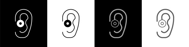 设置黑白背景孤立的助听器图标。听力和耳朵。向量图片下载