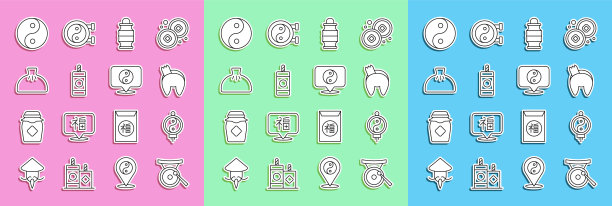 设置线锣乐器，中国纸灯笼，幸运饼干，烟花，饺子，阴阳符号和图标。向量图片下载