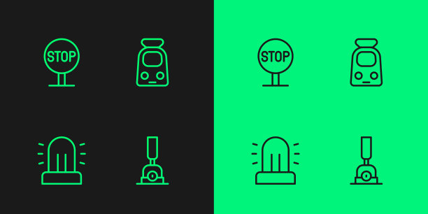 设置线路箭头、闪光警报器、停车标志、列车和图标。向量图片下载