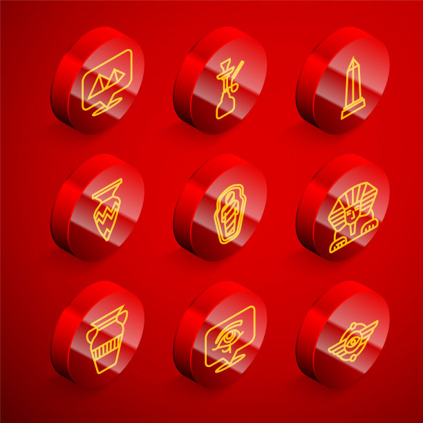 设置线埃及金字塔，水烟，亚历山大方尖碑，埃及花瓶，石棺木乃伊，狮身人面像，和荷鲁斯之眼图标。向量图片下载