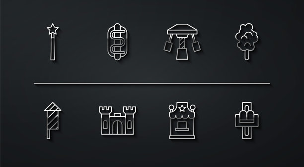 设置线魔术棒，烟火火箭，棉花糖，票房，城堡，热狗三明治，景点旋转木马和图标。向量图片下载