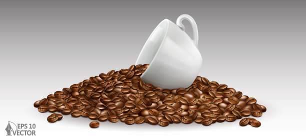 咖啡豆与白色杯子孤立的背景，3d现实的矢量插图，浓缩咖啡，美国，黑烤豆图片下载