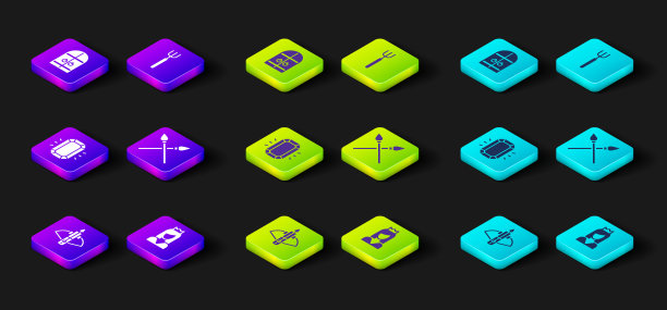 设置战斗弩与箭，公主，钻石，交叉中世纪长矛，花园干草叉和中世纪城堡大门图标。向量图片下载