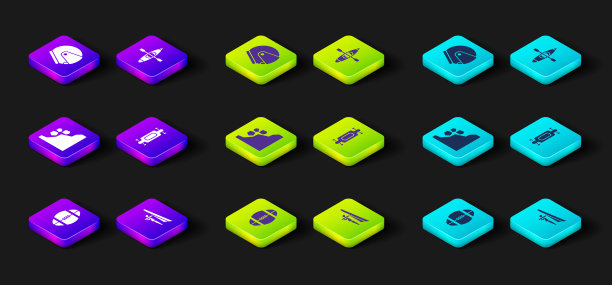 橄榄球、悬挂式滑翔机、滑坡、长板或滑板、皮划艇和头盔图标矢量图图片下载