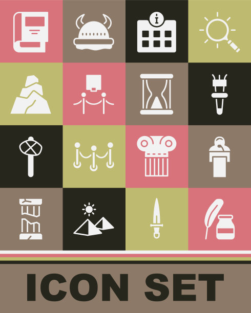 集羽毛和墨水瓶，演讲，火炬，信息，图片绳障，石头，历史书和沙雕旧沙漏。向量图片下载