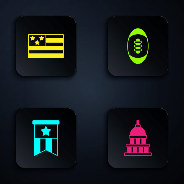 白宫、美国国旗和橄榄球黑色方形按钮矢量素材图片下载