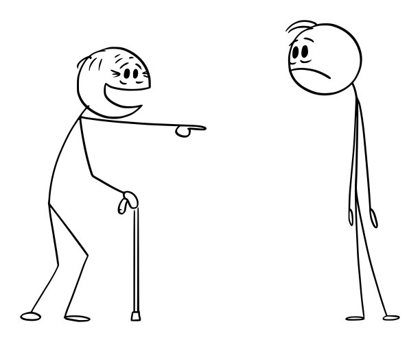 老年人嘲笑或嘲笑年轻人，笑和指着，矢量卡通棍子图插图图片下载