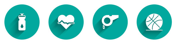 设置健身摇壶，心率，哨子和篮球图标与长阴影。向量图片下载