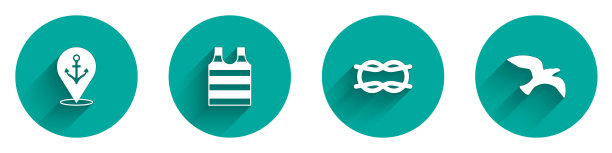 设置位置与锚，条纹水手t恤，航海绳结和海鸥图标与长阴影。向量图片下载