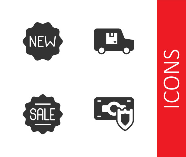 设置金钱与盾，价格标签新的，销售和交付货运卡车图标。向量图片下载