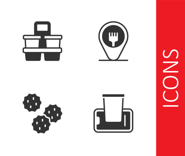 设置食品订购在手机上，咖啡杯，饼干饼干和咖啡厅和餐厅的位置图标。向量图片下载