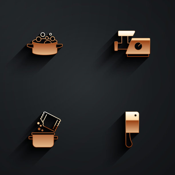 设置烹饪锅，厨房绞肉机，香料和肉菜刀图标与长阴影。向量图片下载