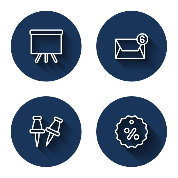 设置线黑板，邮件和电子邮件，推pin和折扣百分比标签与长阴影。蓝色圆按钮。向量图片下载