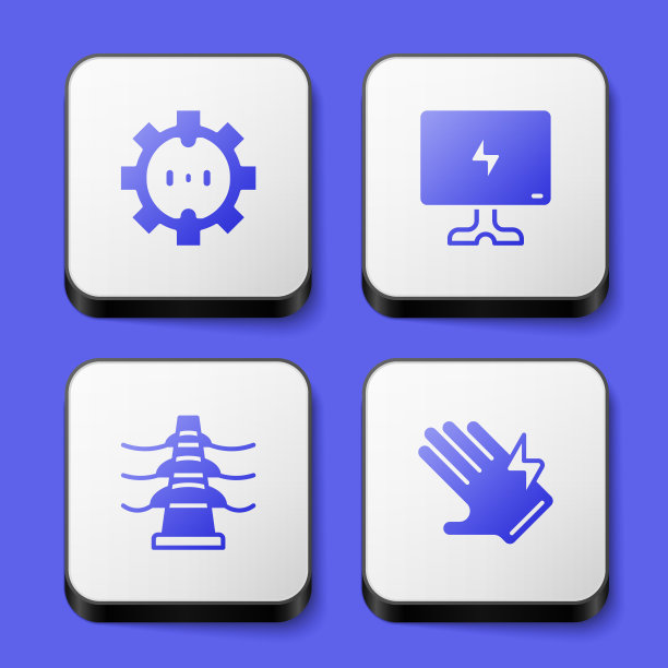 设置插座、智能电视、塔线和手套图标。白色正方形按钮。向量图片下载