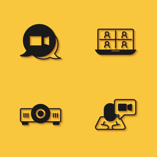 设置视频聊天会议，电影，电影，媒体投影仪和长阴影图标。向量图片下载