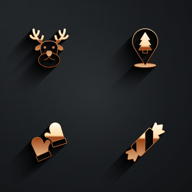 设置驯鹿，圣诞树，手套和糖果图标与长阴影。向量图片下载