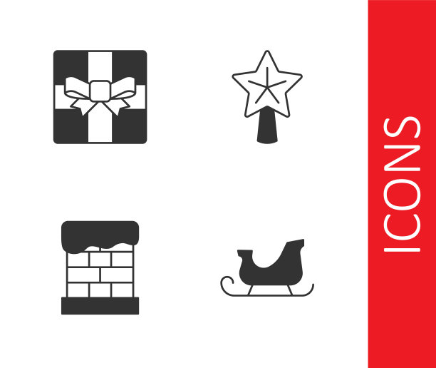 设置圣诞老人雪橇，礼盒，烟囱和星星图标。向量图片下载