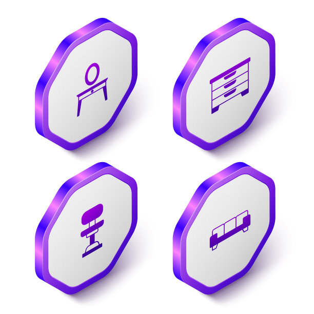 设置等距梳妆台，衣柜，办公椅和沙发图标。紫色的六角按钮。向量图片下载