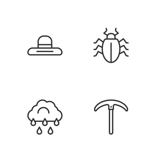 设置线鹤嘴锄，云与雨，农民工人帽子和科罗拉多甲虫图标。向量图片下载