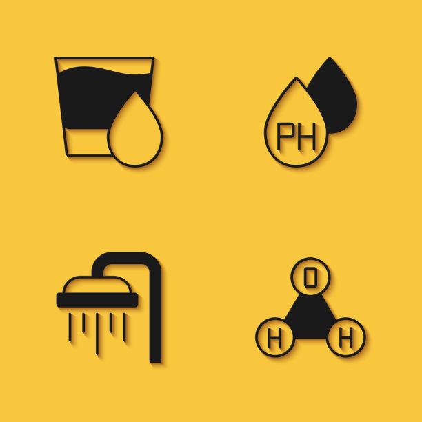 设置玻璃与水，化学配方H2O，淋浴和水滴图标与长阴影。向量图片下载