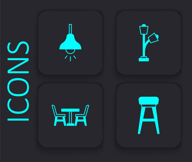 设置椅子，灯挂，落地灯和桌子与椅子图标。黑色方形按钮。向量图片下载