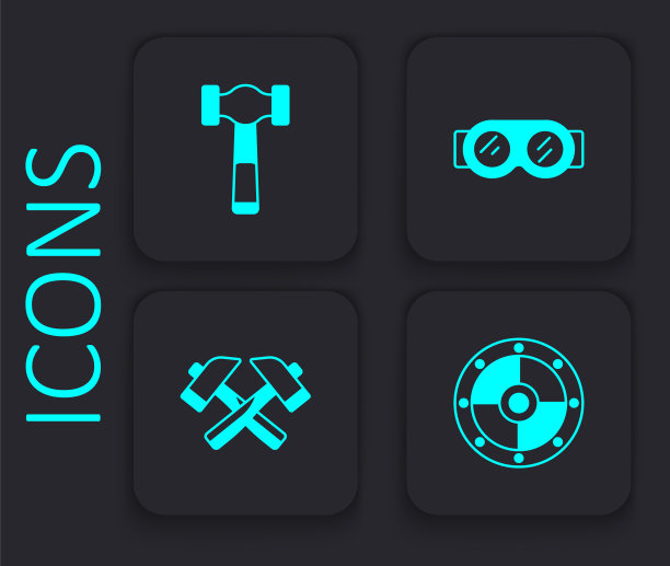 设置圆形盾牌，铁锤，焊接玻璃和十字锤图标。黑色方形按钮。向量图片下载