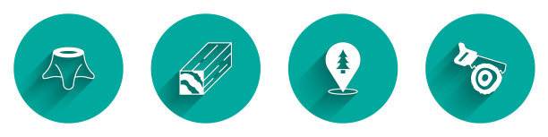 设置树桩，木梁，森林位置，手锯和原木图标与长阴影。向量图片下载