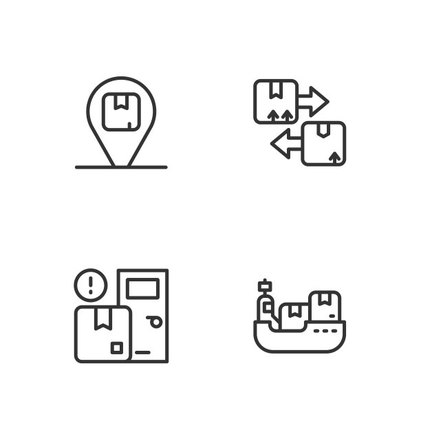 设置线货船与纸箱送货，上门服务，位置纸板和纸板交通标志图标。向量图片下载