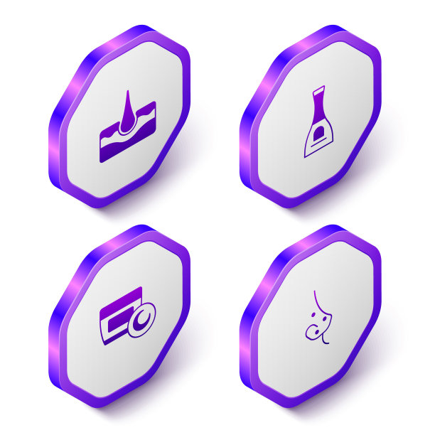 设置等长人体毛囊，瓶指甲油，霜或洗液化妆品管和痤疮图标。紫色的六角按钮。向量图片下载