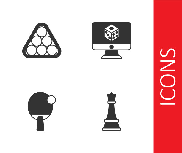设置国际象棋，台球在三角形，球拍和游戏骰子图标。向量图片下载