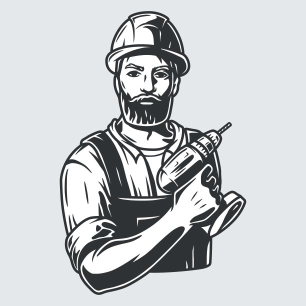 木匠标志与木材和钻或螺丝刀图片下载