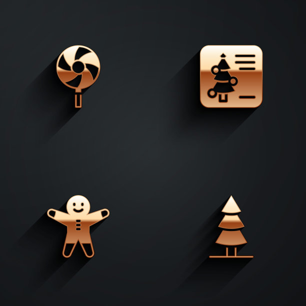 集棒棒糖，圣诞明信片，节日姜饼人饼干和树的图标与长影子。向量图片下载