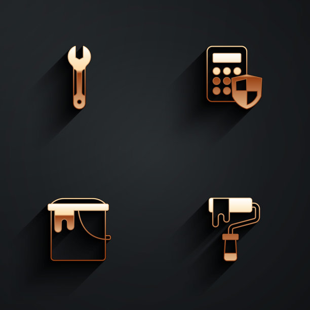 设置扳手扳手，安全键盘访问面板，油漆桶和滚动刷图标与长阴影。向量图片下载