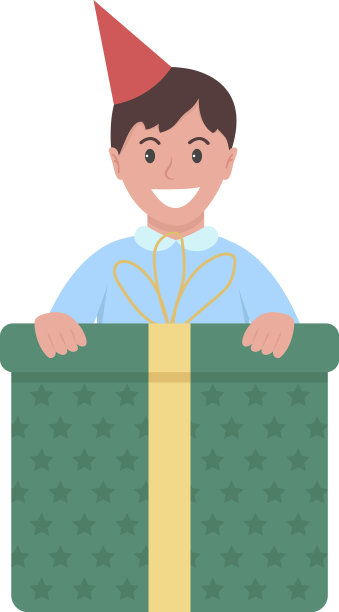 生日男孩与大礼盒半平坦的颜色图片下载