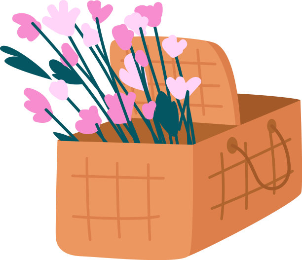 野餐篮与花半平坦的颜色对象图片下载