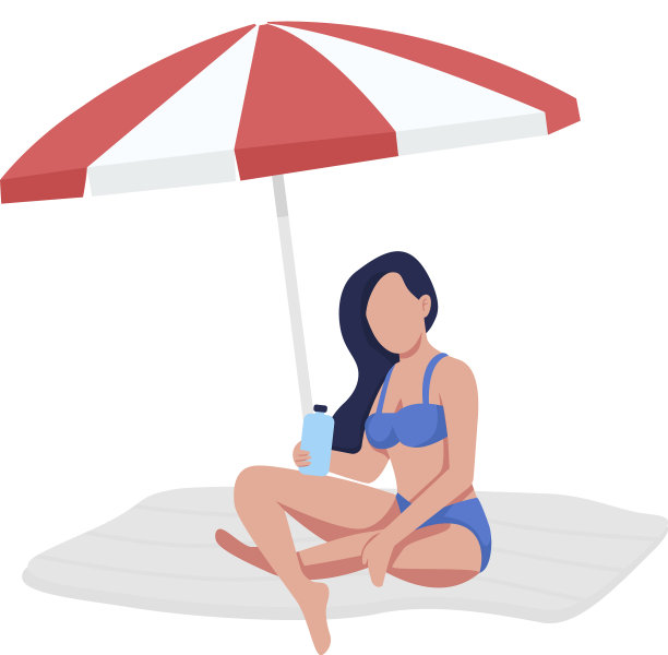 女孩坐在沙滩上半平的伞下图片下载
